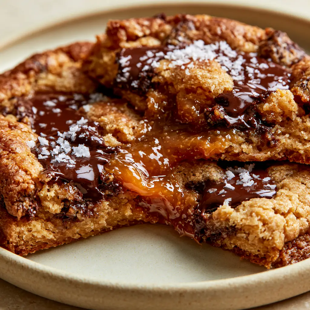 Deep Dish Chocolate Chip Caramel-Filled Cookies: The Ultimate Gooey Recipe 1 Hands pulling apart a thick cookie to show a gooey amber caramel pull stretching between the halves. (deep dish chocolate chip caramel-filled cookies)