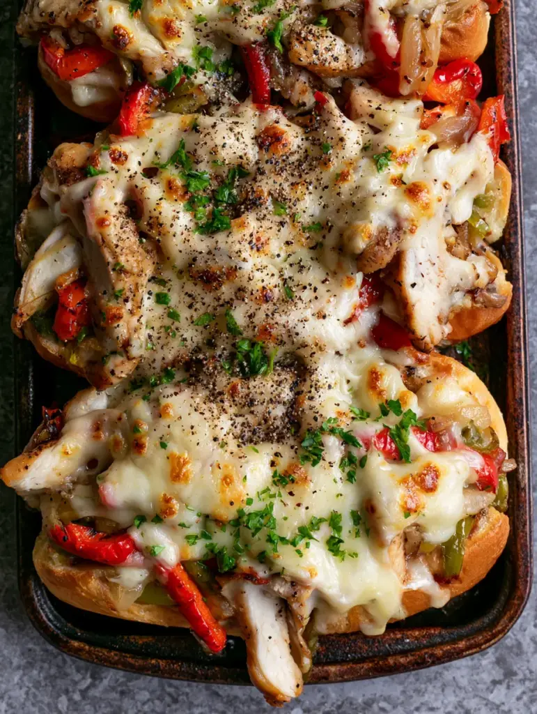 Chicken Philly Cheese Steaks with Blistered Peppers and Bubbly Provolone 2 Close-up of Chicken Philly Cheese Steaks with seared chicken breast, blistered peppers, and melted bubbly cheese with toasted spots. (Chicken Philly Cheese Steaks)