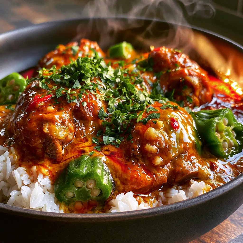 Chicken Muamba: Authentic Angolan Muamba de Galinha Recipe 2 Macro photo of Chicken Muamba in a dark bowl with vibrant deep-orange sauce, visible chili flakes, and green okra slices. (Chicken Muamba)