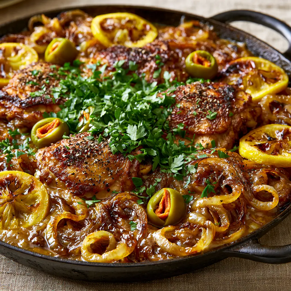 High-angle shot of Chicken Yassa in a skillet featuring charred lemon wheels and green pimento olives. (Chicken Yassa)