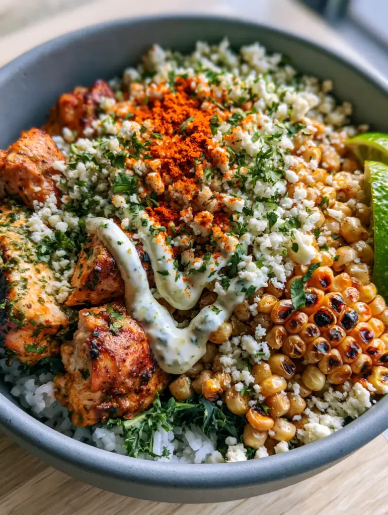 Street Corn Chicken Bowl with Charred Corn and Cilantro Lime Chicken 1 A vibrant Street Corn Chicken Bowl garnished with cotija cheese and lime wedges on a wooden surface.