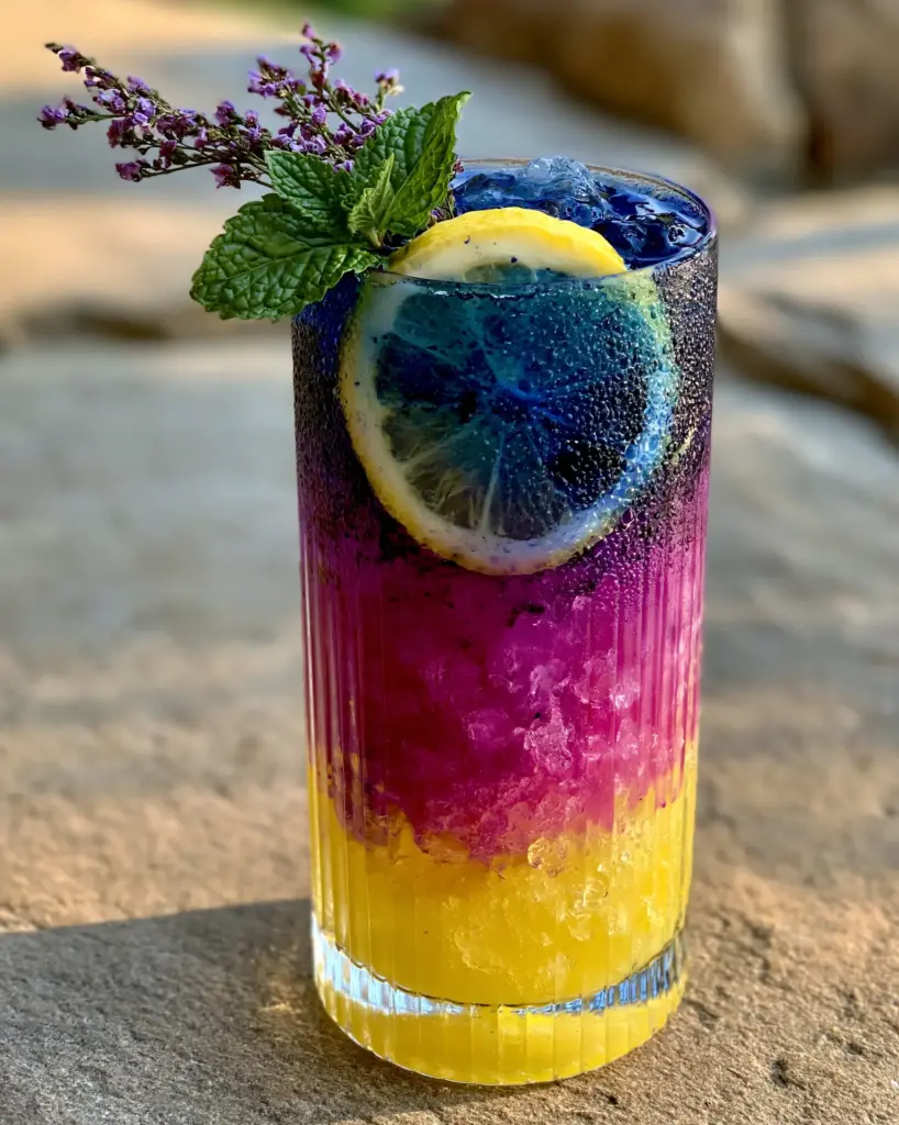 Butterfly Pea Lemonade: A Magical Layered Summer Refreshment 1 The three distinct layers of the Butterfly Pea Lemonade: yellow lemon base, magenta middle, and deep blue top layer.