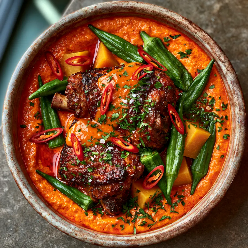 Angolan Dishes You’ll Crave: Authentic Muamba de Galinha Recipe 2 Traditional Angolan chicken stew with vibrant orange sauce and green okra pods. (Angolan dishes)