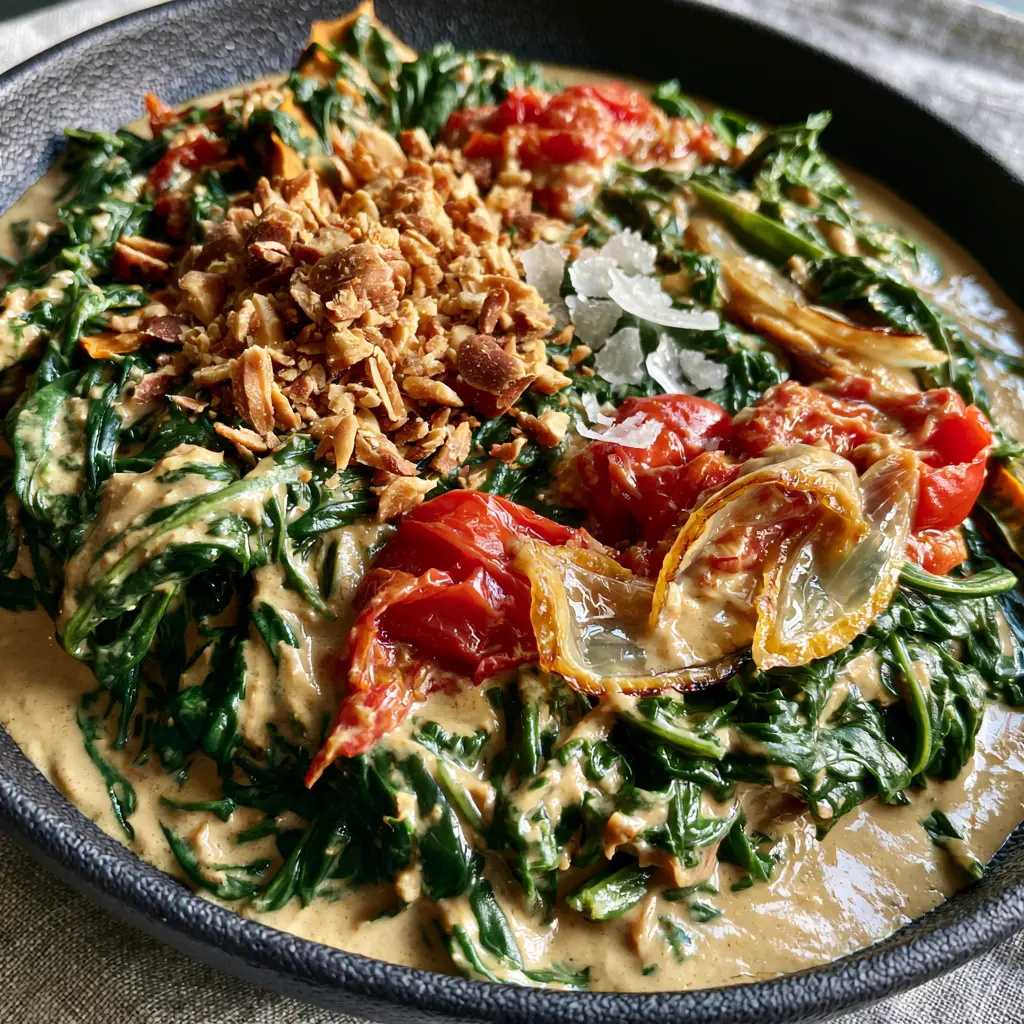 Zambian Recipes: Authentic Ifisashi with Velvety Peanut Sauce 1 Detailed close-up of stewed pumpkin leaves and jammy tomatoes in Ifisashi. (Zambian recipes)