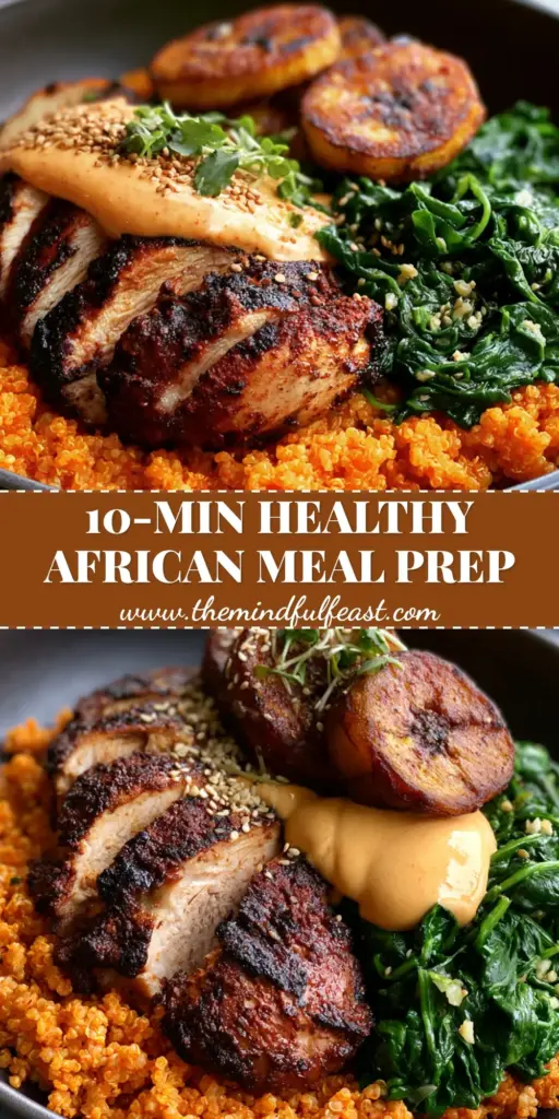 African Foods Reinvented: The Ultimate Suya Chicken and Jollof Quinoa Power Bowl 4 A high-angle shot of a charcoal bowl filled with Suya chicken, Jollof quinoa, and fried plantains, highlighting the diverse textures of African foods.