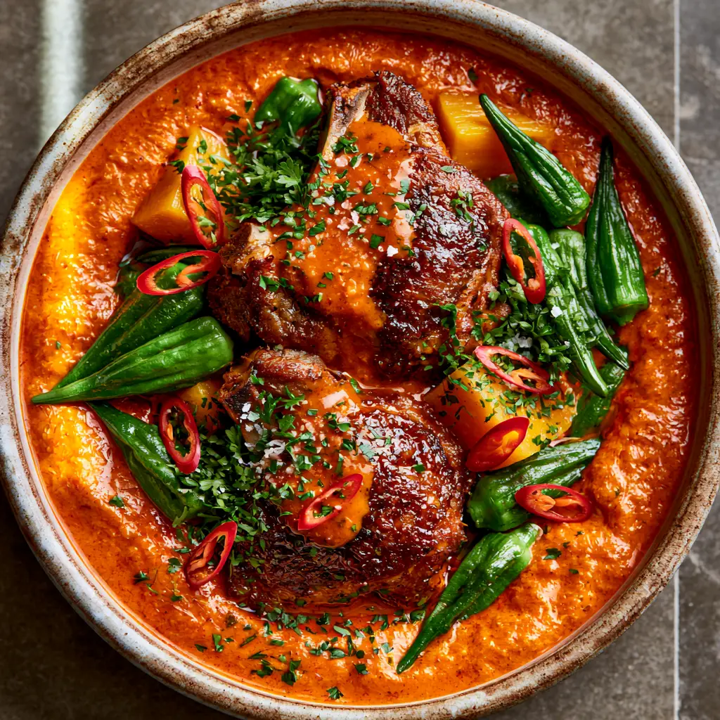 Angolan Dishes You’ll Crave: Authentic Muamba de Galinha Recipe 1 Succulent seared chicken thighs in a ceramic bowl with butternut squash and chili garnish.