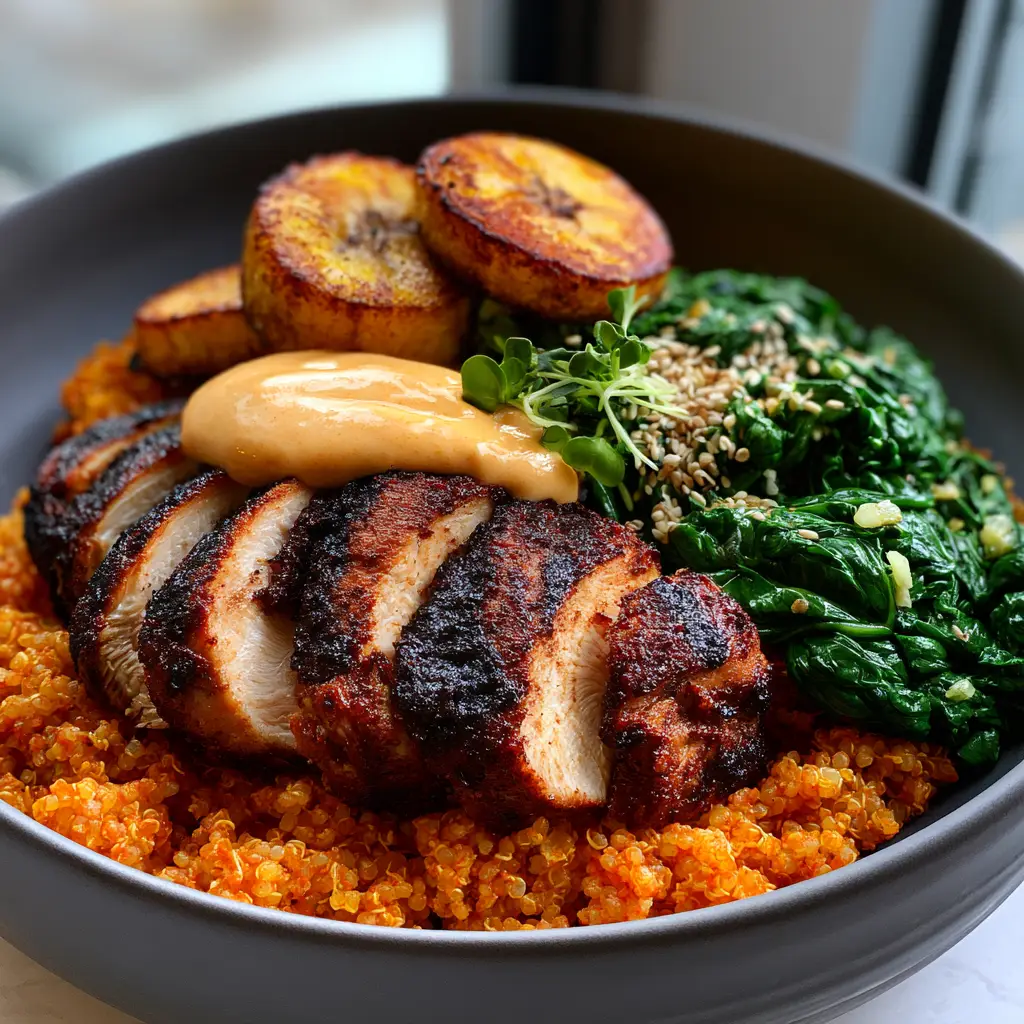 African Foods Reinvented: The Ultimate Suya Chicken and Jollof Quinoa Power Bowl 2 Close up of mahogany Suya chicken slices on a bed of orange-red Jollof quinoa. (African foods)