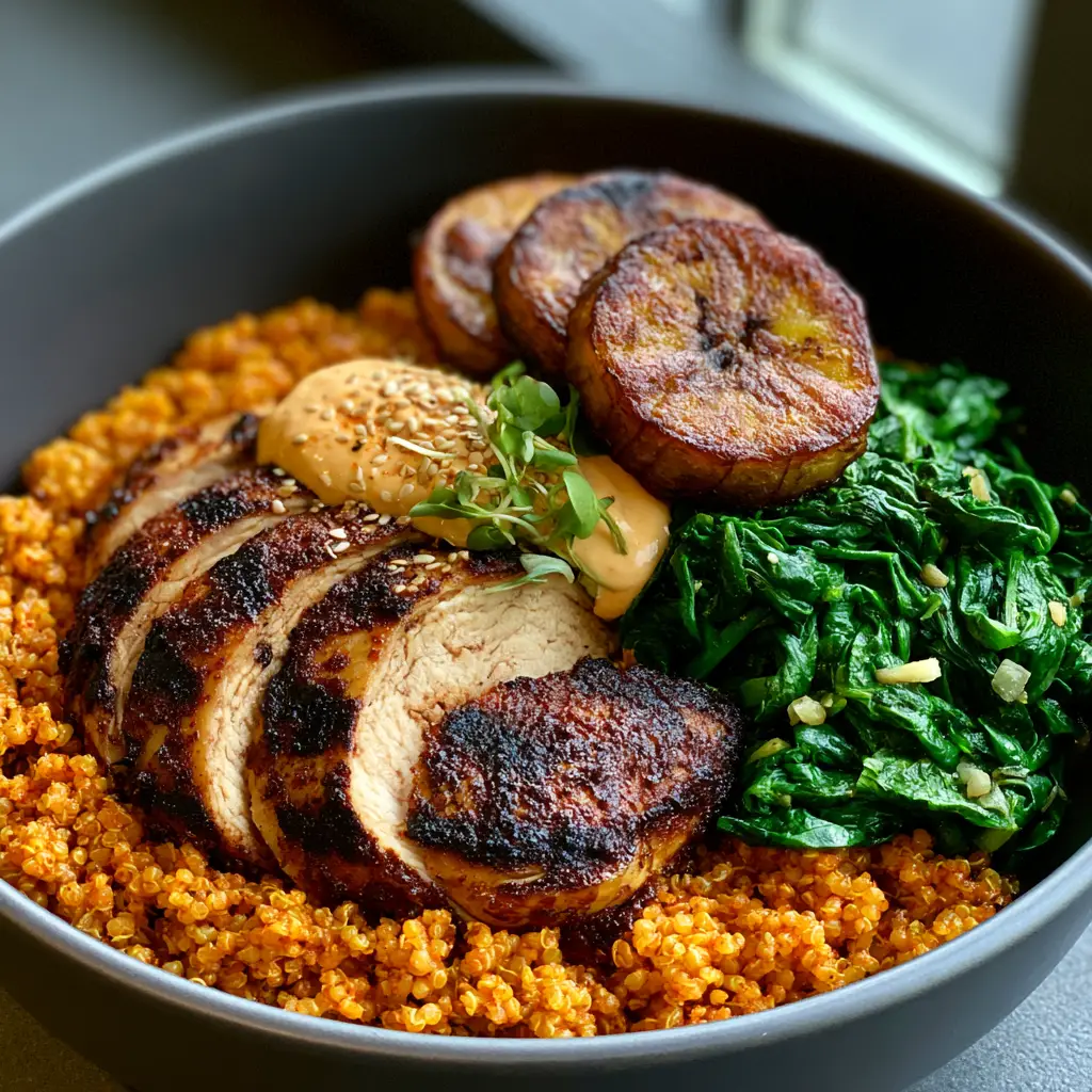 African Foods Reinvented: The Ultimate Suya Chicken and Jollof Quinoa Power Bowl 1 A side view of the African bowl featuring golden-brown plantain coins and bright emerald-green garlic spinach.