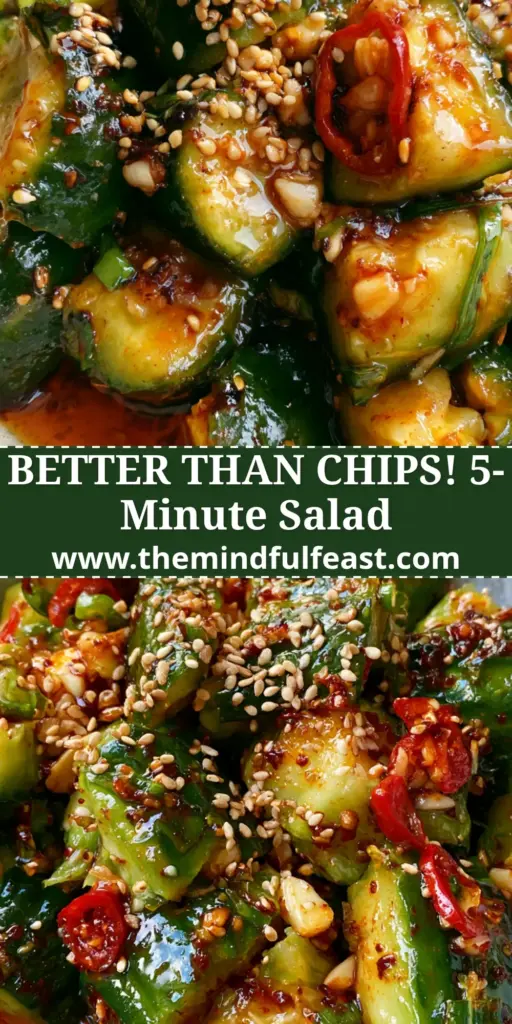 Healthy Cucumber Recipes: The Ultimate Spicy Smashed Persian Salad 4 A rustic stoneware bowl filled with smashed Persian cucumber salad, dripping in dark red chili oil and topped with sesame seeds. (healthy cucumber recipes)