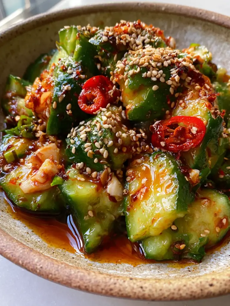 Healthy Cucumber Recipes: The Ultimate Spicy Smashed Persian Salad 2 Close-up of smashed cucumbers with jagged edges and glistening chili oil sauce. (healthy cucumber recipes)