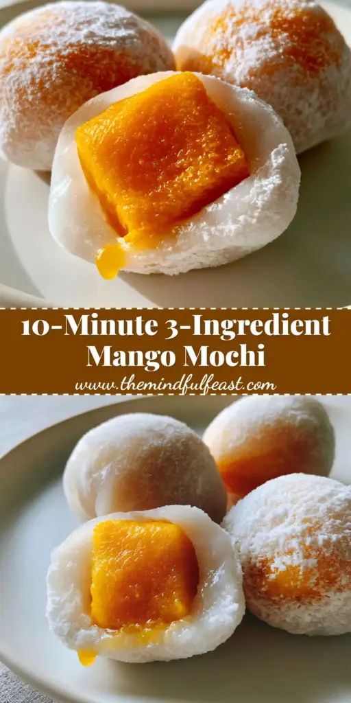 Mango Mochi: The Ultimate Guide to Soft, Stretchy, Fresh Fruit Daifuku 4 A minimalist white plate holding three round, plump mango mochi balls, with one sliced to reveal a vibrant orange mango cube and translucent white skin. (mango mochi)