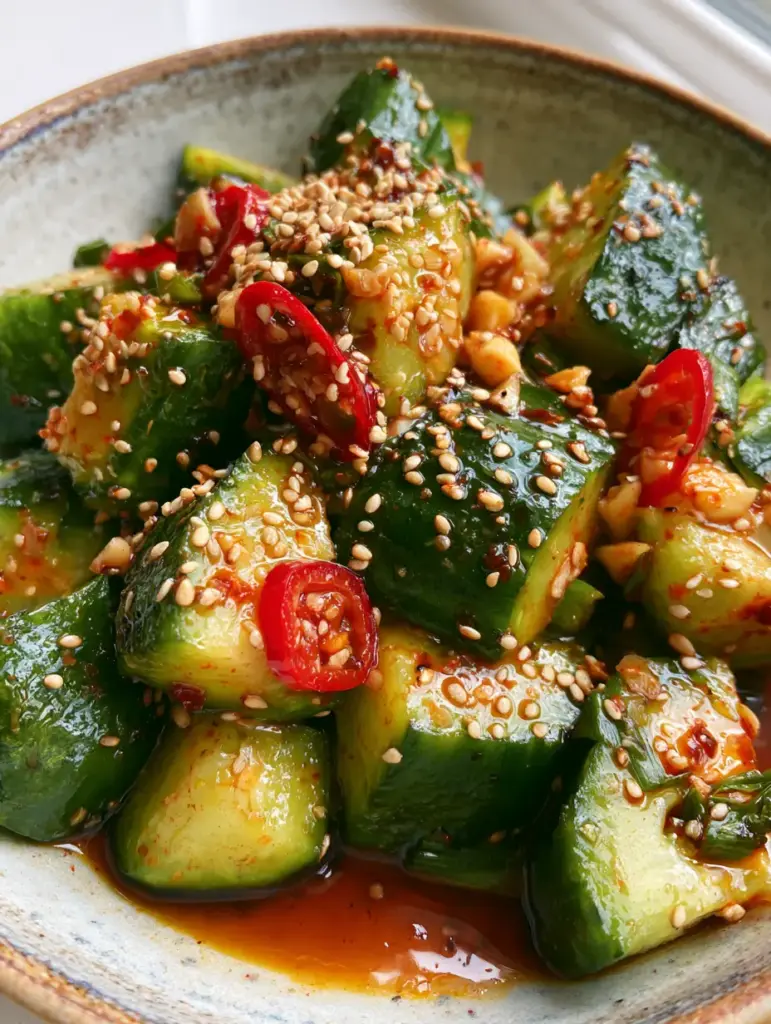 Healthy Cucumber Recipes: The Ultimate Spicy Smashed Persian Salad 1 Top-down view of a spicy cucumber salad in a rustic bowl with scallions and sesame seeds. (healthy cucumber recipes)