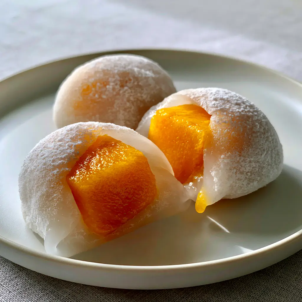 Mango Mochi: The Ultimate Guide to Soft, Stretchy, Fresh Fruit Daifuku 1 A sliced mango mochi showing the milky-white translucent skin and a large, juicy cube of neon-orange mango. (mango mochi)
