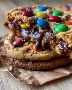Close-up eye-level shot of ultra-thick M&M cookies on parchment paper showing golden-brown crust and vibrant candies.