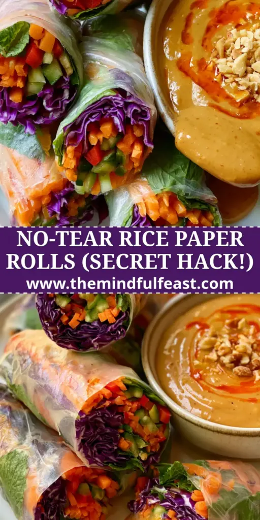 Rainbow Veggie Rice Paper Rolls with Spicy Peanut Dipping Sauce 4 A plate of vibrant rainbow veggie rice paper rolls showing layers of purple cabbage and carrots next to peanut sauce with a chili oil swirl.