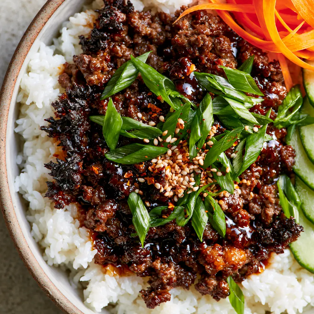Assembly of Korean beef bowls with fluffy jasmine rice, julienned carrots, and chilled Persian cucumbers under soft natural light.