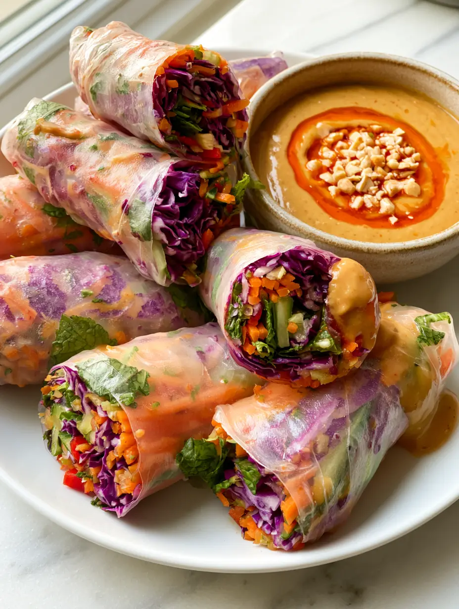 Rainbow Veggie Rice Paper Rolls with Spicy Peanut Dipping Sauce 3 Close-up of translucent rainbow veggie rice paper rolls on a white marble surface with fresh mint and red bell peppers visible.