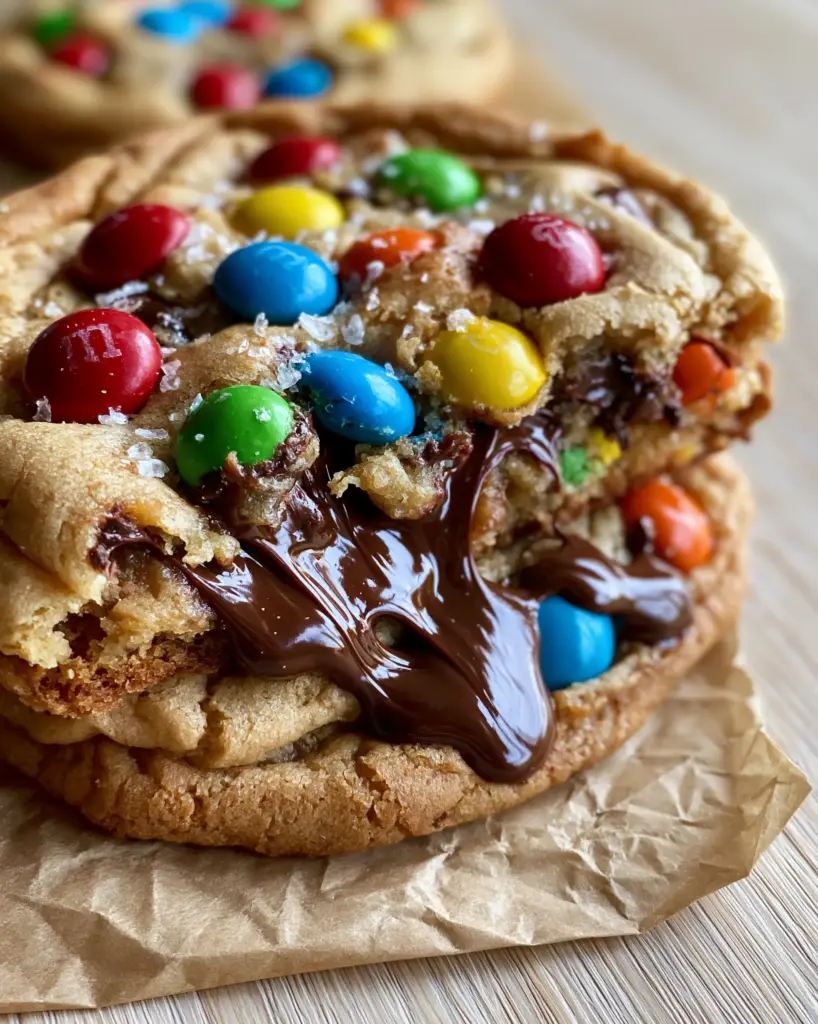 M&M cookies: The Ultimate Bakery-Style Ultra-Thick Recipe 1 Broken M&M cookie revealing a gooey soft-baked center and stretching melted semi-sweet chocolate pools.