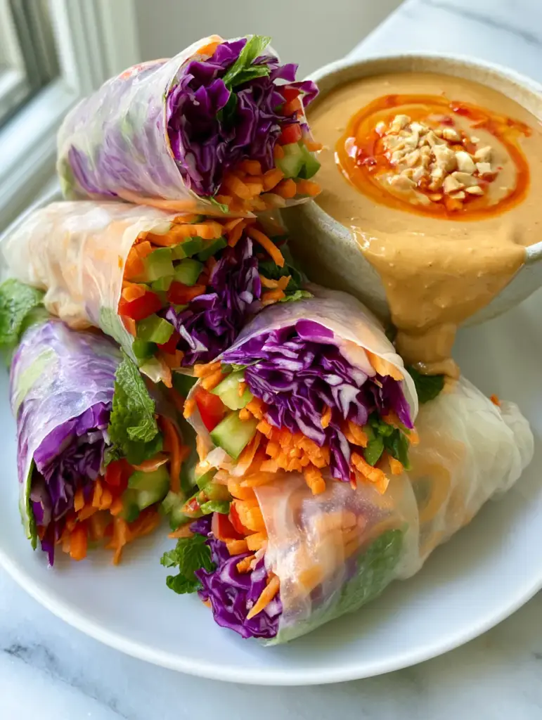 Rainbow Veggie Rice Paper Rolls with Spicy Peanut Dipping Sauce 1 A handheld rainbow veggie rice paper roll being dipped into a creamy tan peanut sauce with a glossy red chili oil drip.