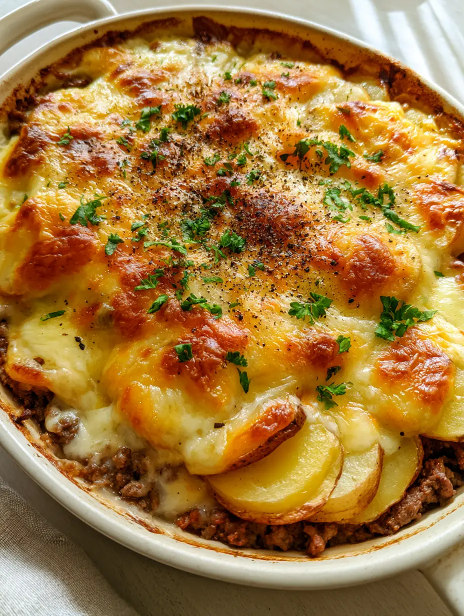 Baked Beef Supper with Shingled Yukon Gold Potatoes and Gooey Cheese 3 Top-down view of a baked beef supper with bubbling cheese and fresh parsley garnish.