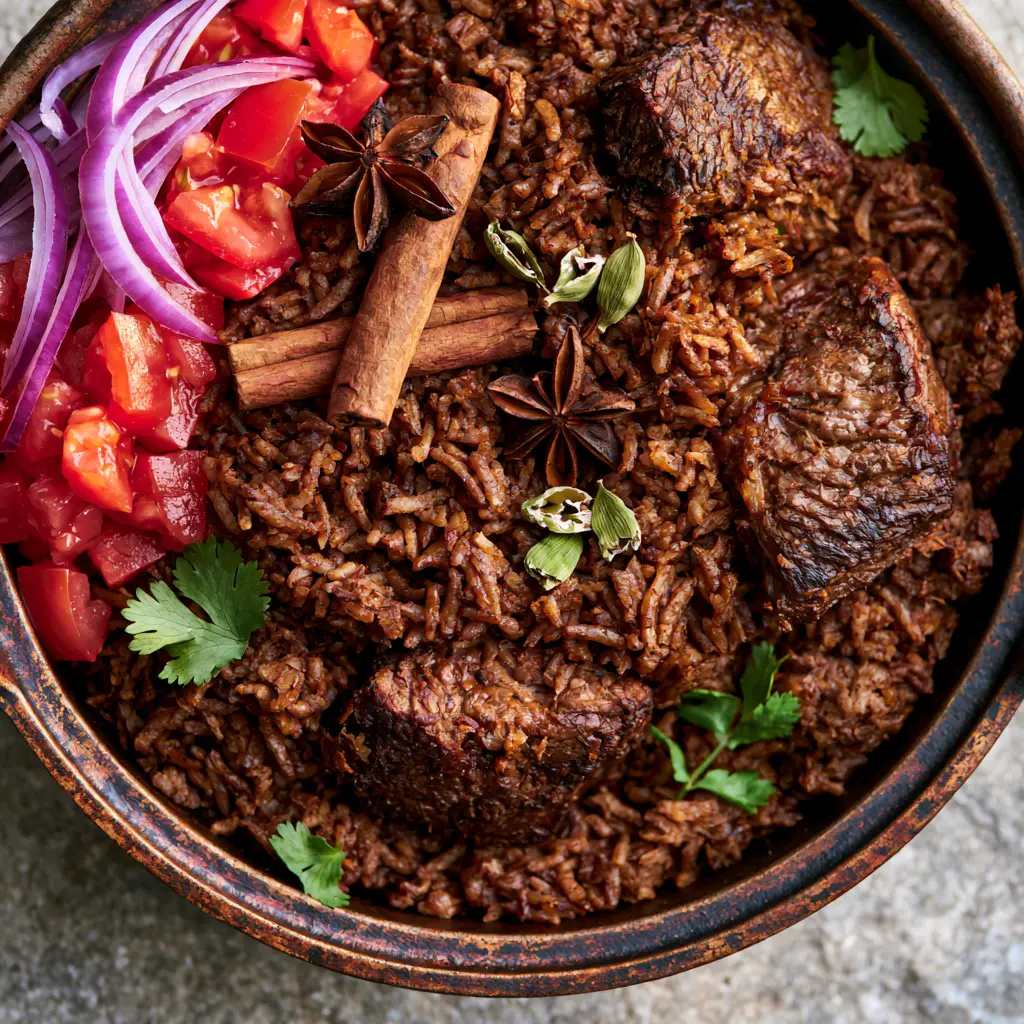 East African Pilau Rice: The Secret to Mahogany Brown Beef and Rice 2 Close-up of perfectly separated mahogany brown basmati rice grains and caramelized beef cubes in an East African Pilau Rice dish.