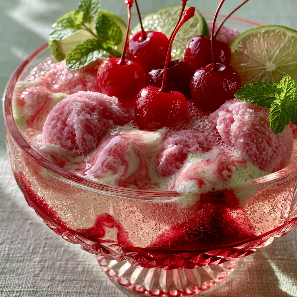 Shirley Temple Punch: The Ultimate Bubbly Pink Party Mocktail 2 Close-up of bubbly pink Shirley Temple Punch with deep red grenadine swirls and melting raspberry sherbet marbling.