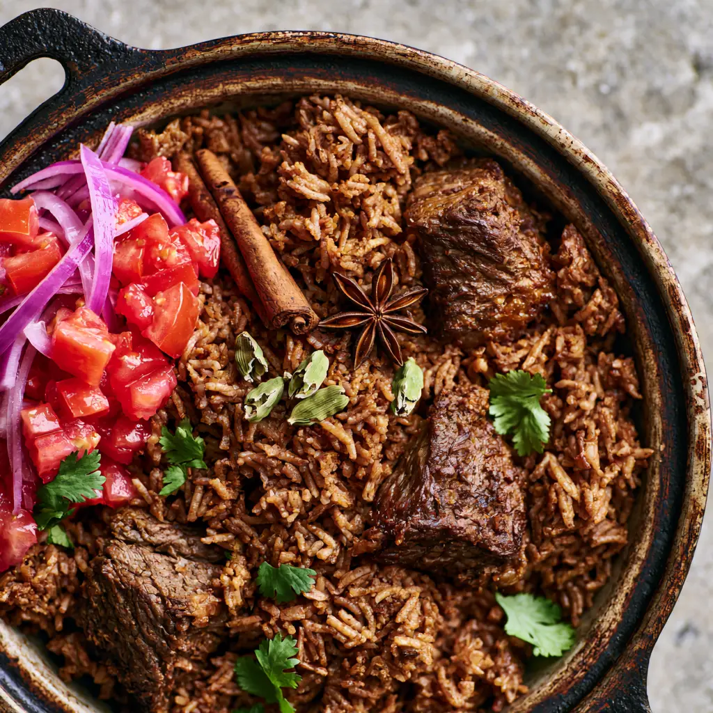 East African Pilau Rice: The Secret to Mahogany Brown Beef and Rice 1 Rustic cast iron pot of East African Pilau Rice showing whole spices like cinnamon and cardamom pods with a side of tomato and onion kachumbari garnish.