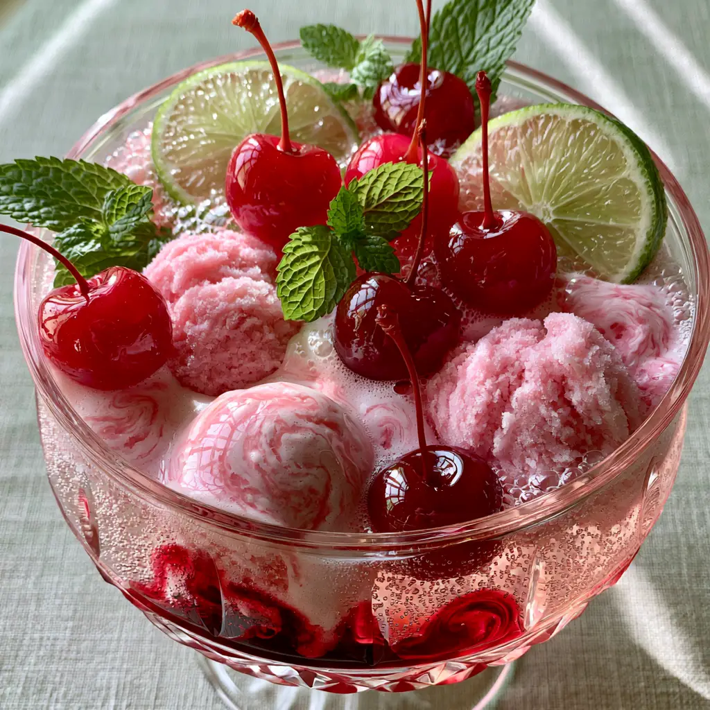 Shirley Temple Punch: The Ultimate Bubbly Pink Party Mocktail 1 Top-down view of Shirley Temple Punch in a crystal bowl garnished with glossy cherries, lime wheels, and mint.