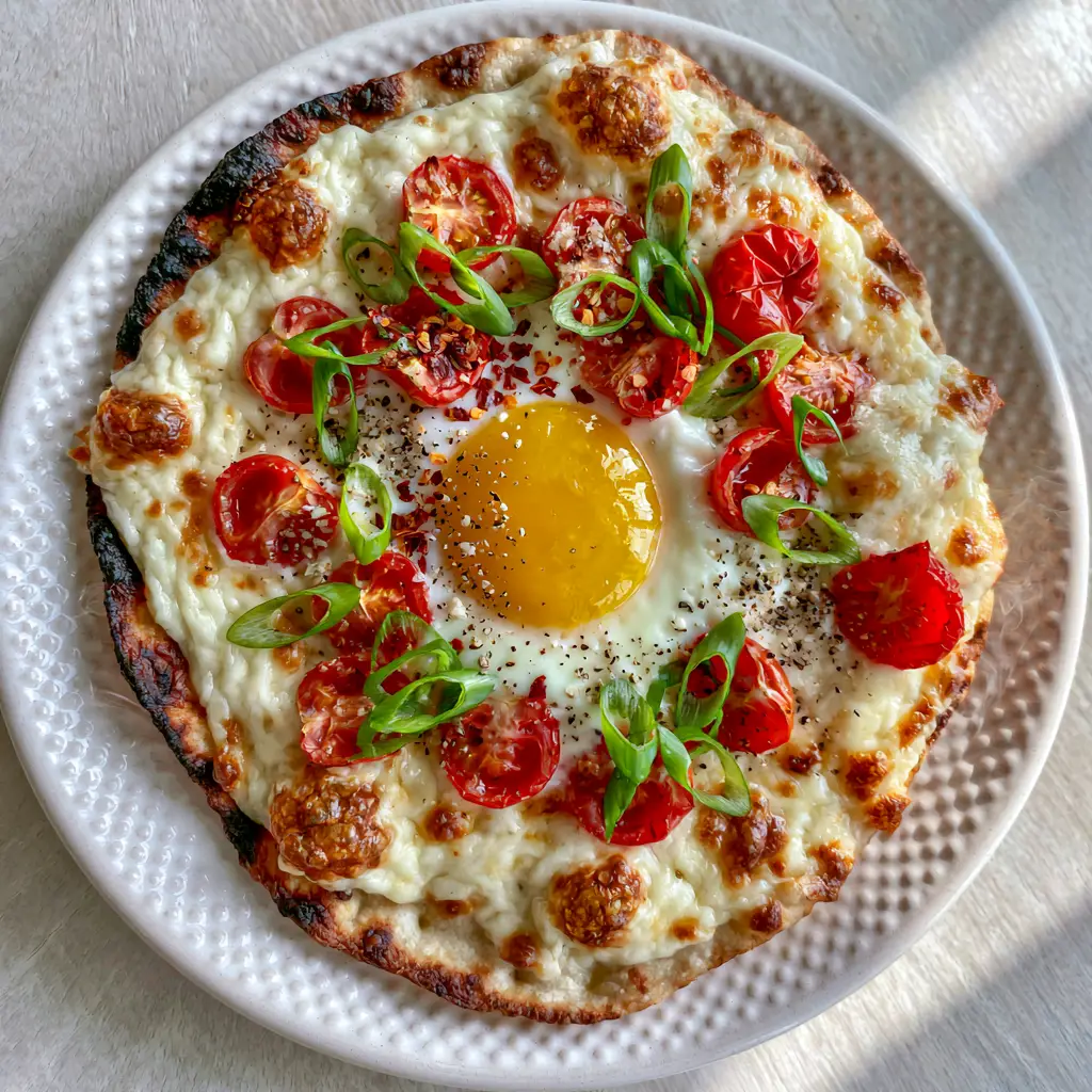 Breakfast Flatbread with Sunny-Side-Up Egg and Blistered Tomatoes 2 Top-down view of a charred breakfast flatbread with bubbling mozzarella and fresh scallions.
