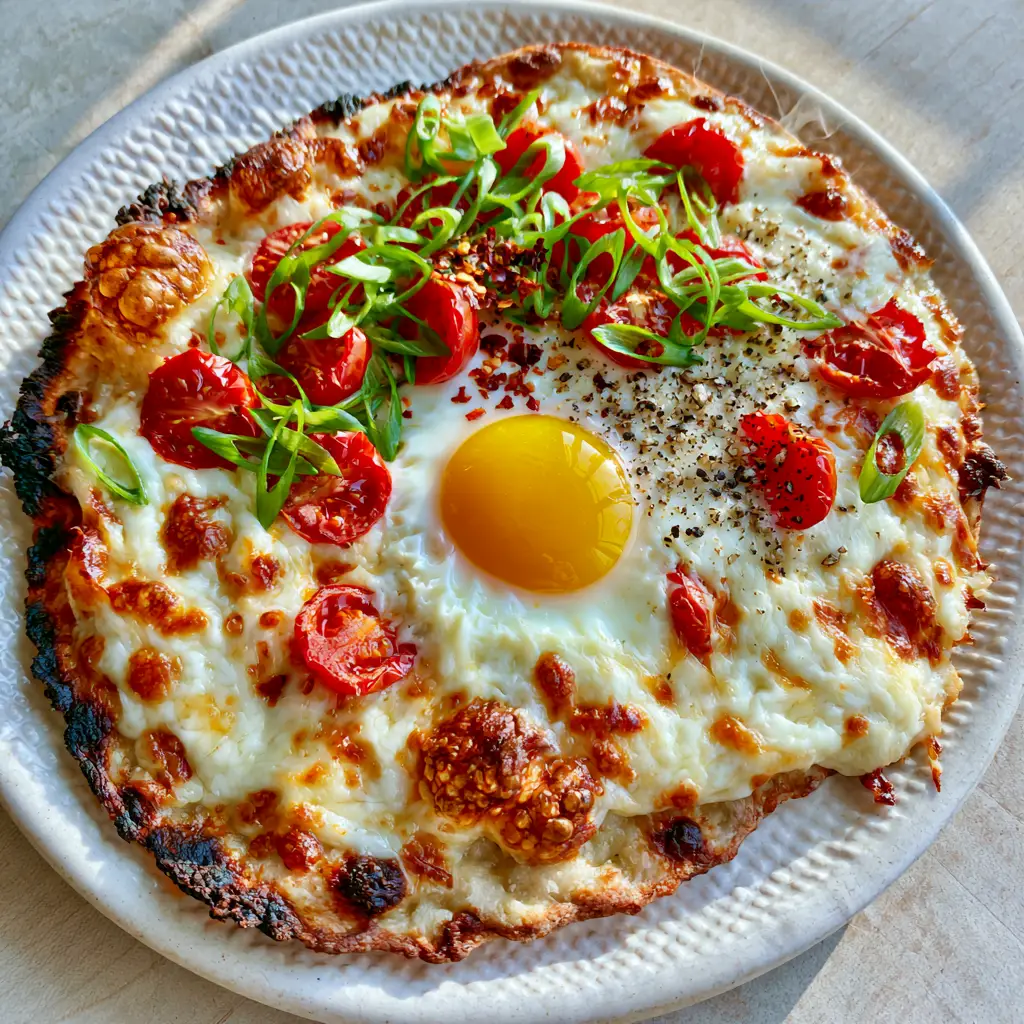 Breakfast Flatbread with Sunny-Side-Up Egg and Blistered Tomatoes 1 A handheld smartphone photo showing steam rising from a freshly baked breakfast flatbread with red pepper flakes.