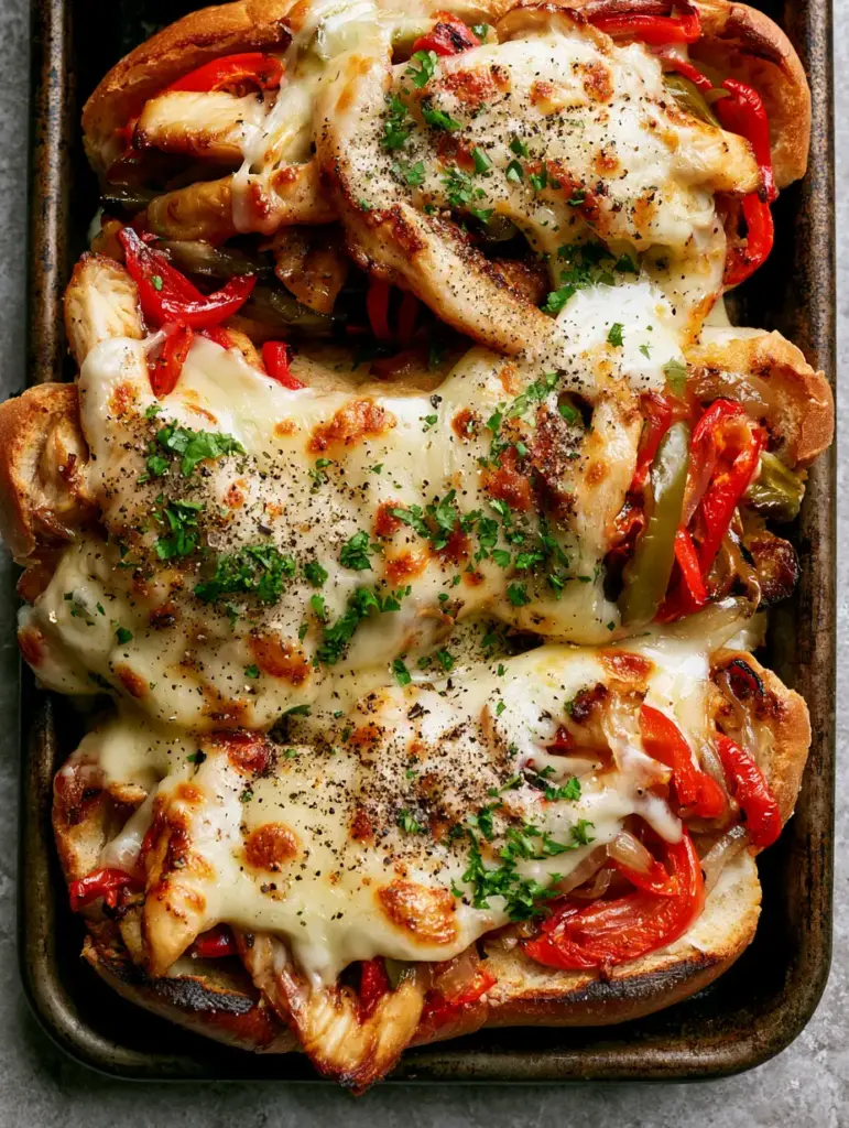 Chicken Philly Cheese Steaks with Blistered Peppers and Bubbly Provolone 1 Rustic sheet pan holding three overflowing Chicken Philly Cheese Steaks garnished with fresh parsley and black pepper.
