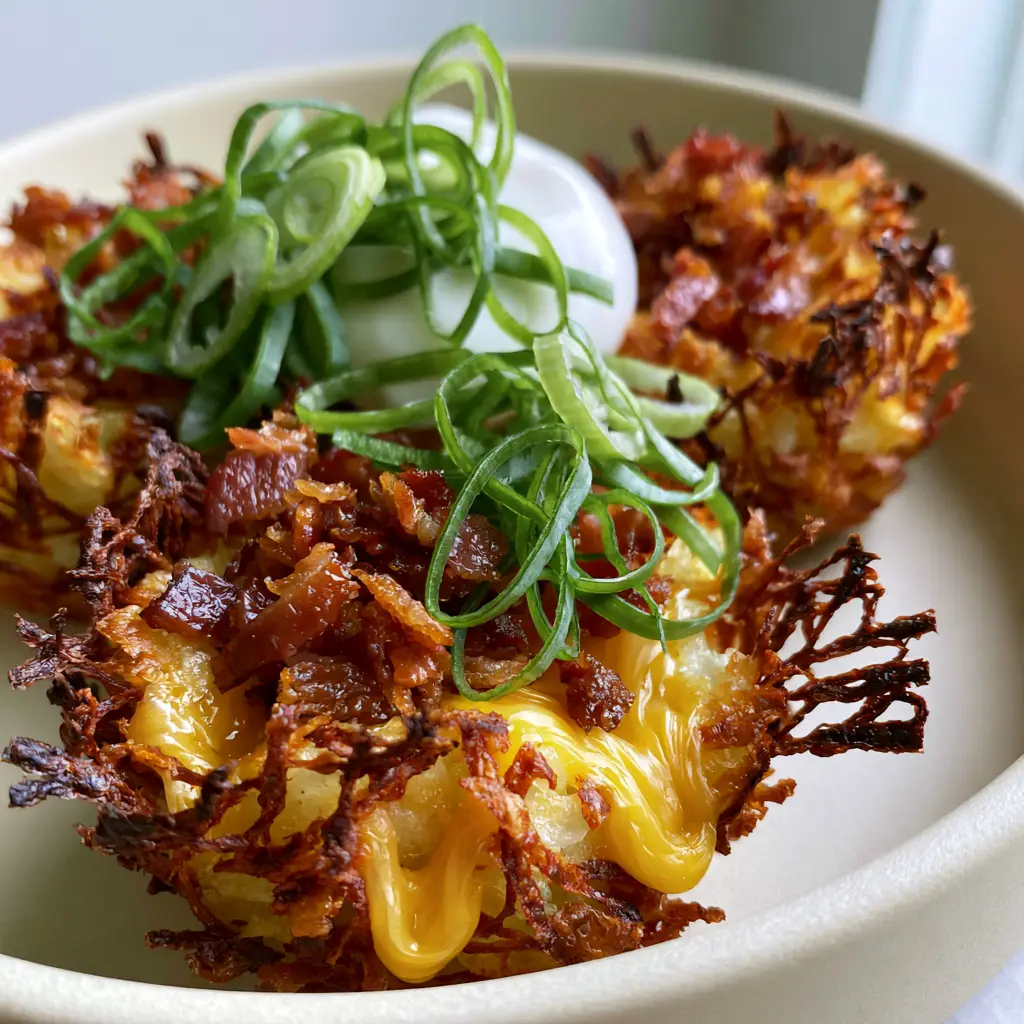 Loaded Hashbrown Bites: The Ultimate Extra-Crispy Potato Appetizer 1 Deep golden brown shredded potato nests with melted sharp cheddar oozing from the center. (loaded hashbrown bites)