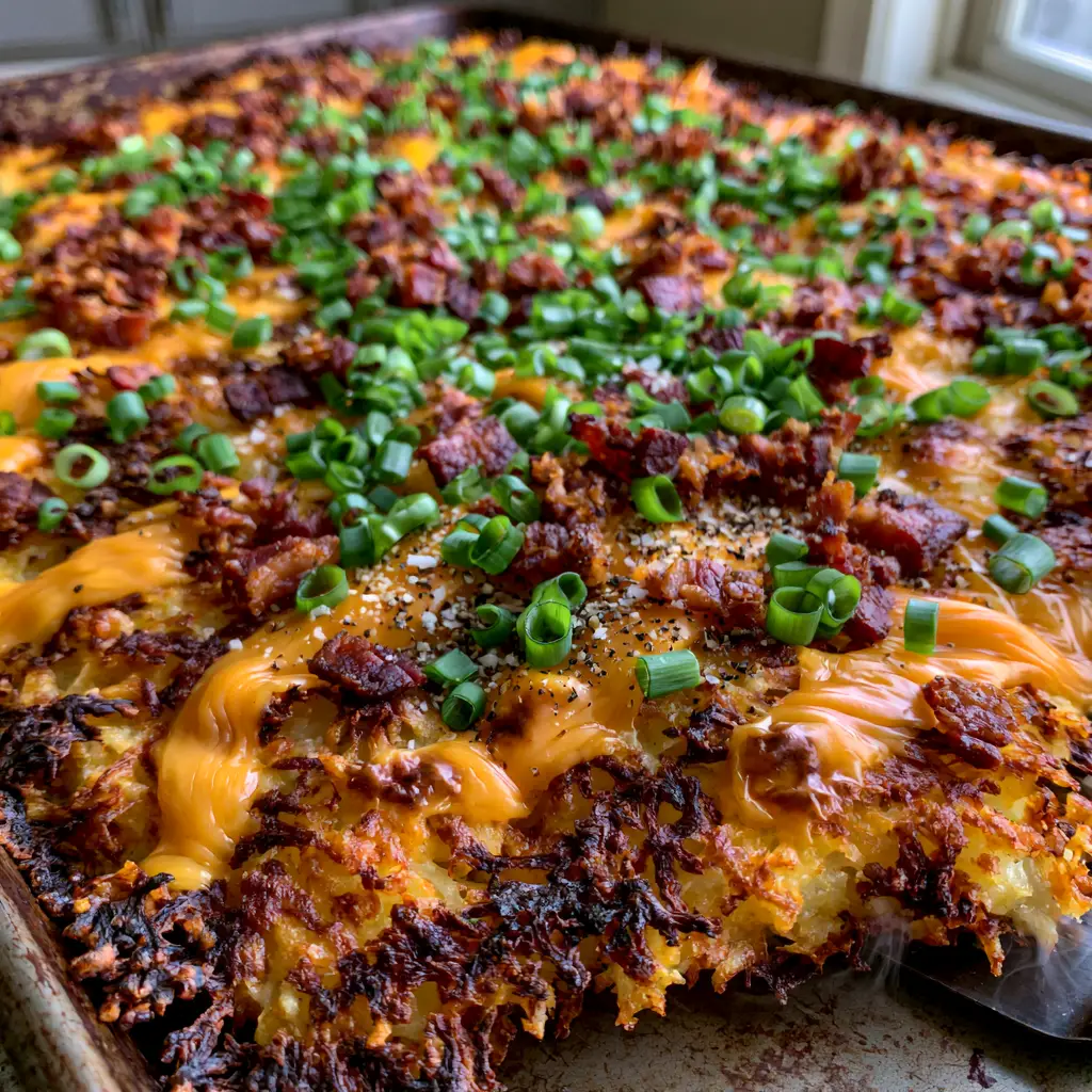 Loaded Hash Browns: The Ultimate Crispy Sheet Pan Recipe 2 Smartphone photo of Loaded Hash Browns on a dark metal sheet pan with lacy charred edges and bubbled cheese.