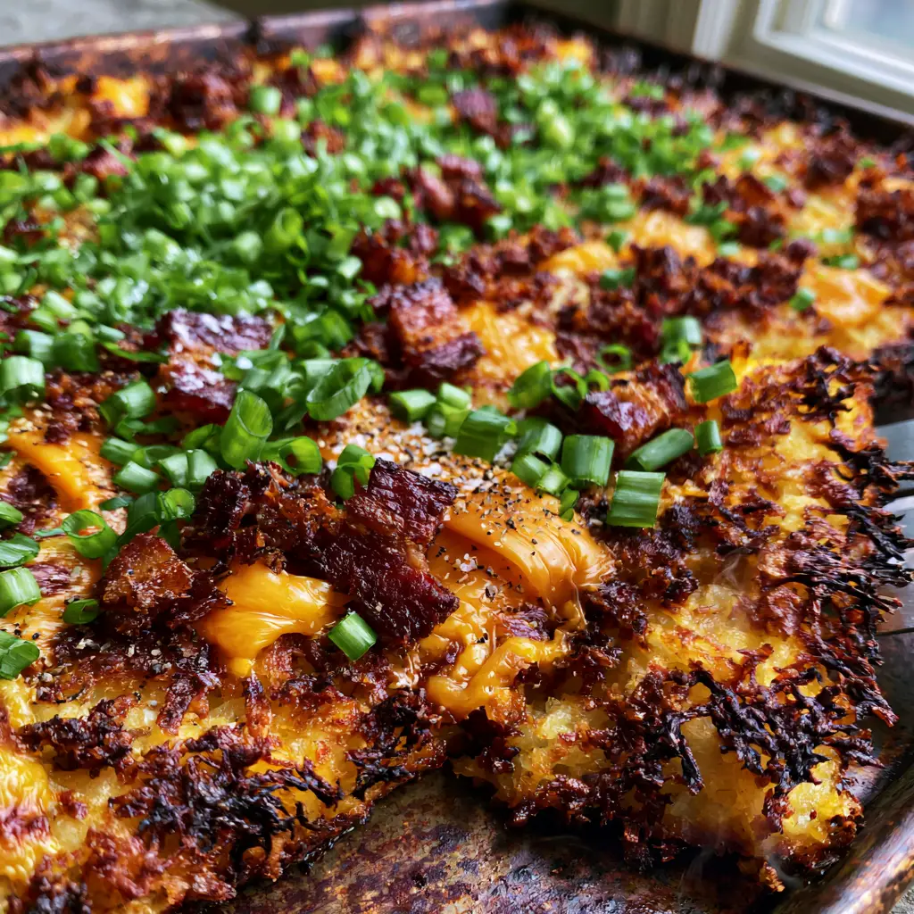 Loaded Hash Browns: The Ultimate Crispy Sheet Pan Recipe 1 A spatula lifting a corner of Loaded Hash Browns revealing steam and a crispy bottom crust.