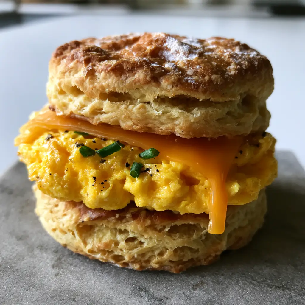A cross-section of egg biscuits showing the porous, airy texture of the steamed egg souffle and melted orange cheddar.