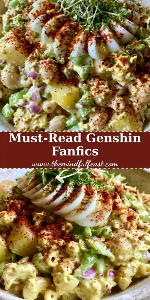 Genshin Impact Fanfiction: The Ultimate Deviled Egg Macaroni Potato Salad 4 A top-down view of a gourmet deviled egg macaroni potato salad with hard-boiled egg slices and smoked paprika dusting. (genshin impact fanfiction)