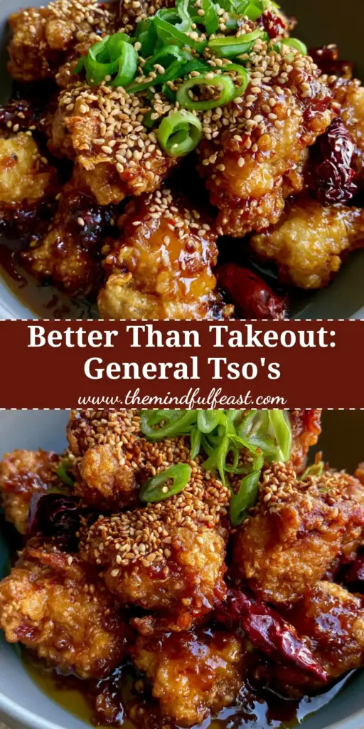 A close-up heap of extra-crispy General Tso's Chicken in a grey bowl, coated in glossy mahogany sauce with sesame seeds and green scallions.