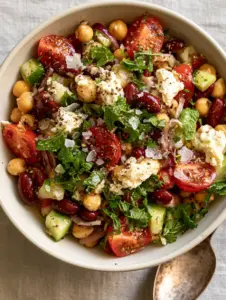 Top-down view of glistening chickpeas, kidney beans, and cucumbers in a matte white bowl. (bean salad recipes)
