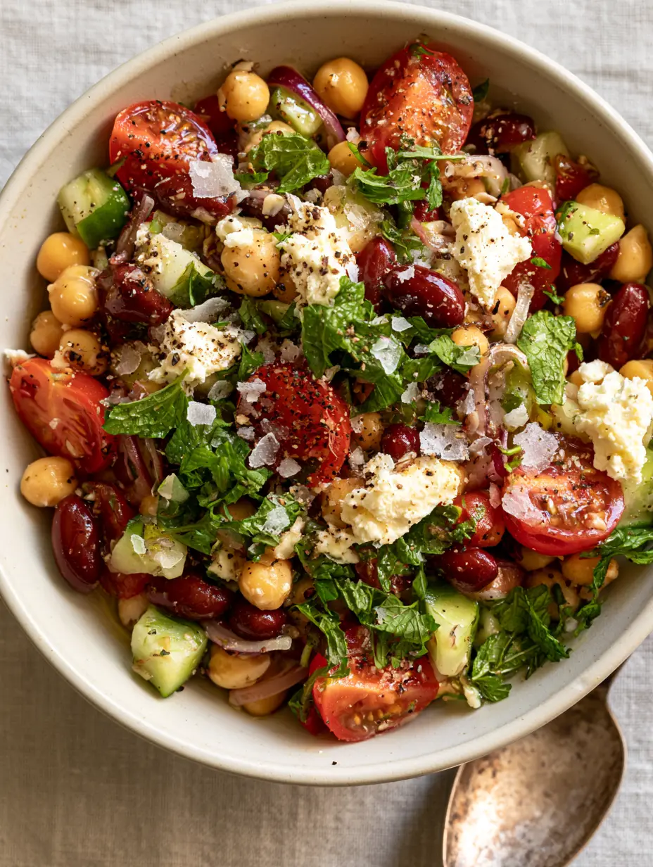 Bean salad recipes: The Ultimate Mediterranean Chickpea and Kidney Bean Salad 3 Top-down view of glistening chickpeas, kidney beans, and cucumbers in a matte white bowl. (bean salad recipes)