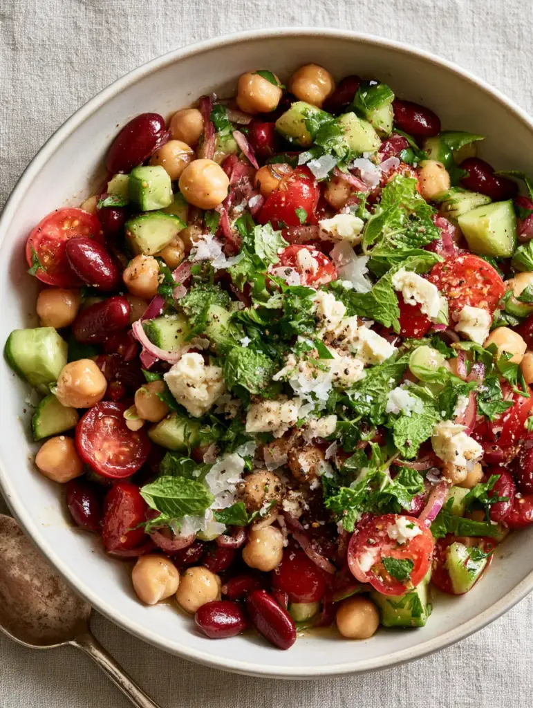 Bean salad recipes: The Ultimate Mediterranean Chickpea and Kidney Bean Salad 1 Close up of crumbled feta, torn mint leaves, and sea salt flakes on a Mediterranean bean salad.