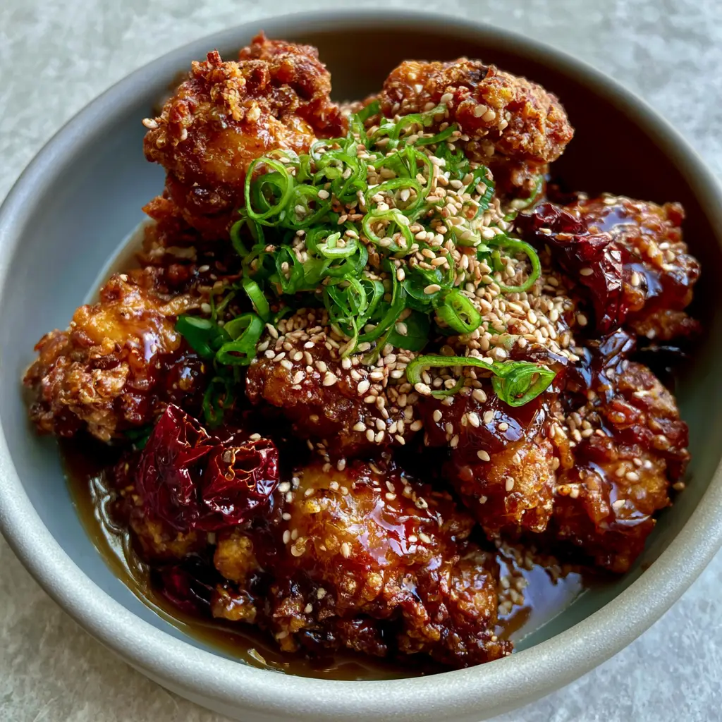 General Tso's chicken garnished with toasted white sesame seeds, green scallions, and dried red Szechuan chilies in a ceramic bowl.