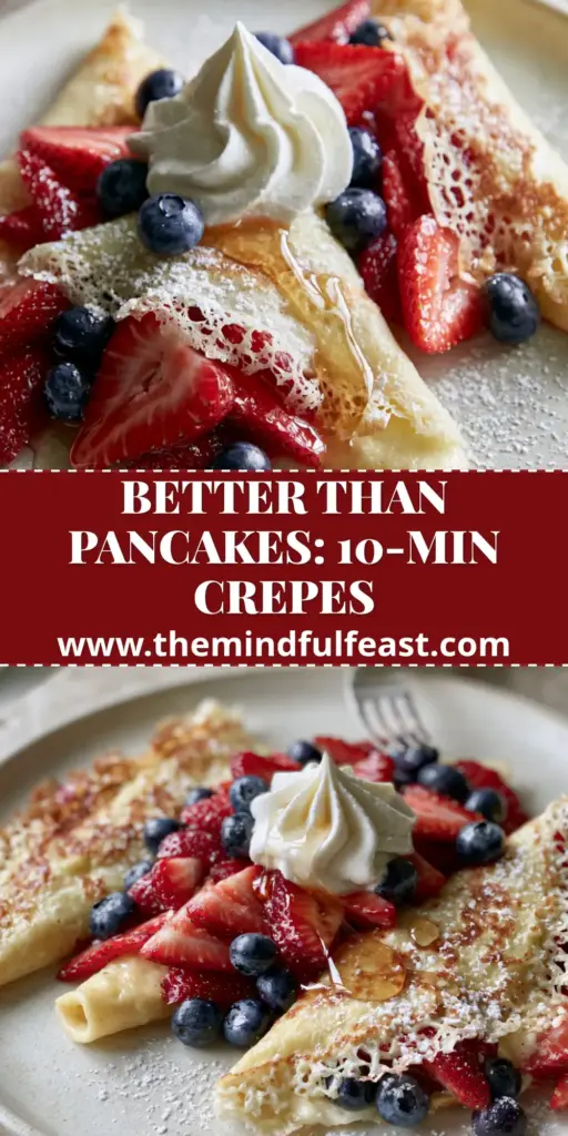 Fruit Crepes with Fresh Berries and Lacy Golden-Brown Edges 4 A close-up vertical shot of three paper-thin French fruit crepes with lacy edges, strawberries, blueberries, and whipped cream on a white plate.