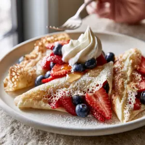 Detail shot of lacy golden-brown edges on fruit crepes with glistening maple syrup.