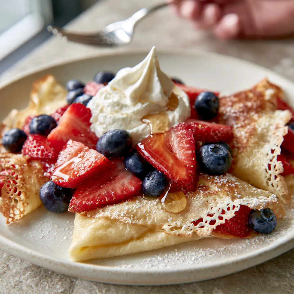 Fruit Crepes with Fresh Berries and Lacy Golden-Brown Edges 1 Three folded fruit crepes topped with blueberries, sliced strawberries, and peaked whipped cream on stone countertop.