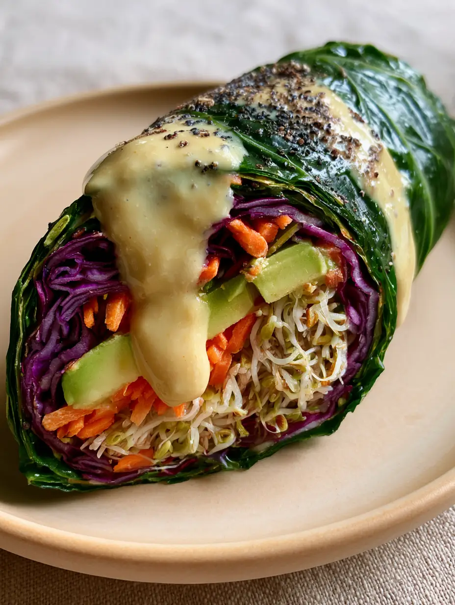 Raw Vegan Wraps with Rainbow Veggies and Creamy Lemon-Tahini 4 A close-up of a perfectly rolled raw vegan wrap on a beige ceramic plate. (raw vegan wraps)