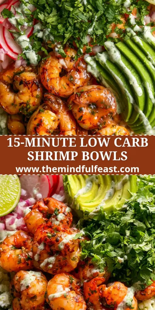 A top-down shot of Mexican Shrimp Avocado Bowls in a charcoal bowl featuring charred shrimp, avocado fans, and radishes.