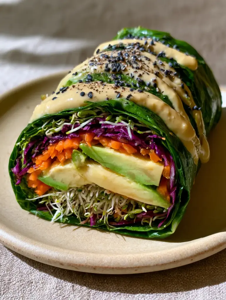 Raw Vegan Wraps with Rainbow Veggies and Creamy Lemon-Tahini 1 Architectural layers of cabbage and avocado inside a raw vegan wrap. (raw vegan wraps)