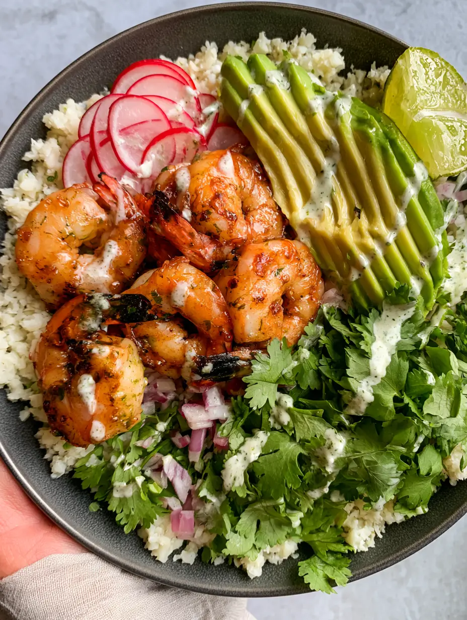 Close up of seared jumbo shrimp with a translucent lime glaze in Shrimp Avocado Bowls.