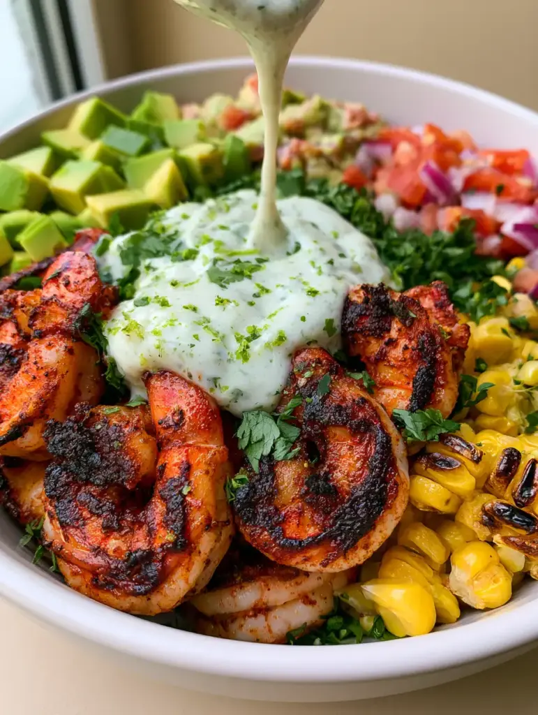 Grilled Shrimp Bowl Recipe with Blackened Jumbo Shrimp and Lime Crema 2 Extreme close-up of blackened jumbo shrimp with a lime-cilantro crema drizzle. (grilled shrimp bowl recipe)