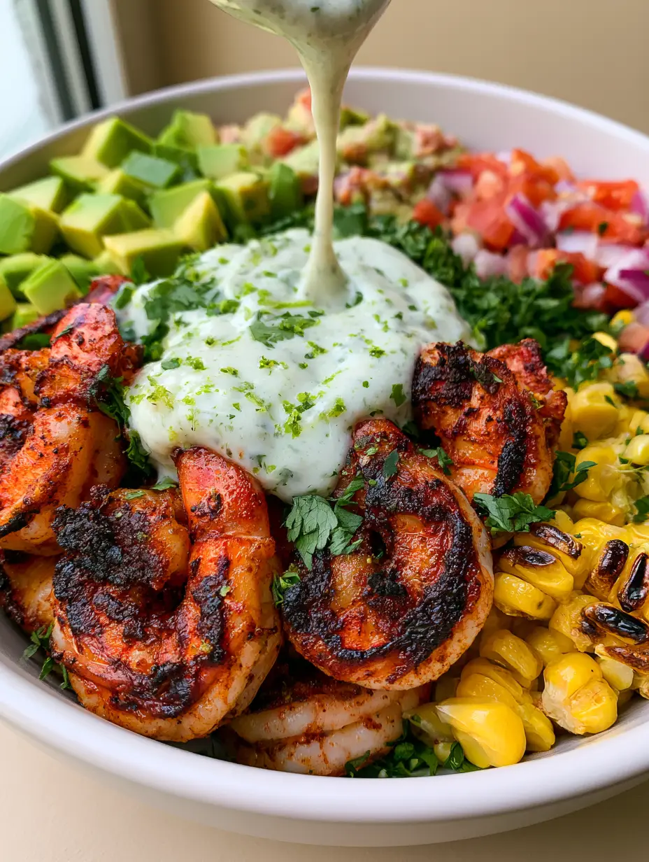 Grilled Shrimp Bowl Recipe with Blackened Jumbo Shrimp and Lime Crema 3 Extreme close-up of blackened jumbo shrimp with a lime-cilantro crema drizzle. (grilled shrimp bowl recipe)